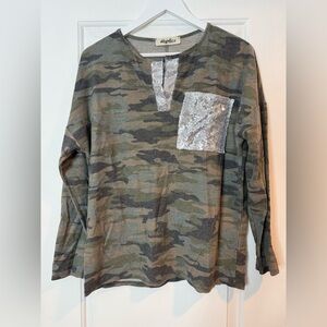 Camo Long Sleeve Top with Sequin Pocket
